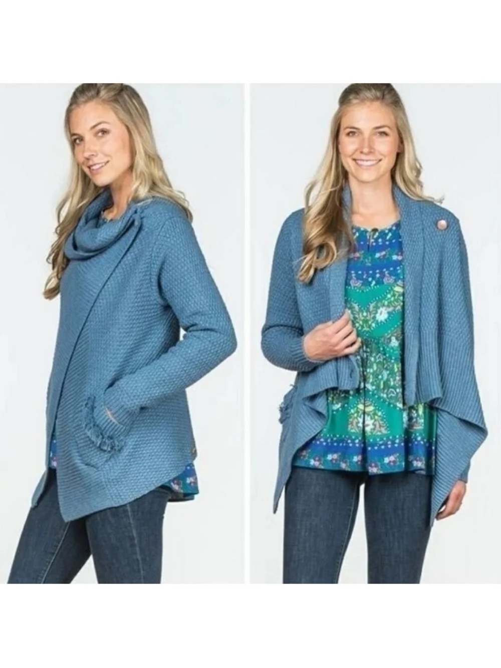 Matilda Jane Envision This Wrap Dusty Blue Convertible Knit Cardigan. Womens L